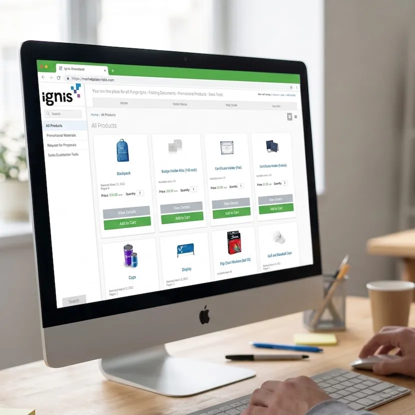 Desktop showing mimeo marketplace with branded storefront