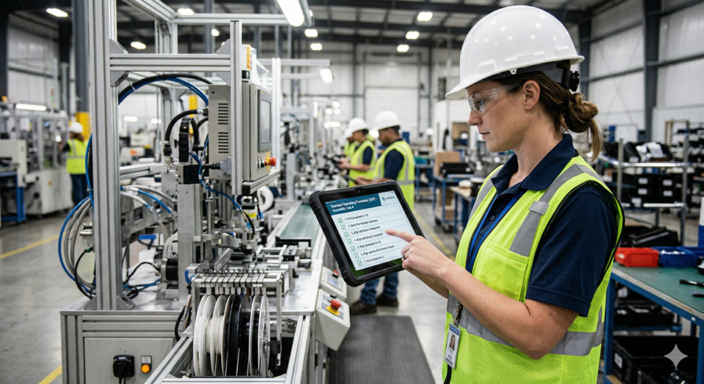 Digital SOPs being accessed on a tablet in a production facility