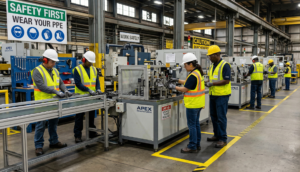 Workers following safety protocols in a factory
