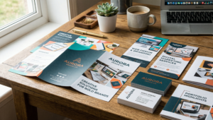 print marketing material laid our on a table