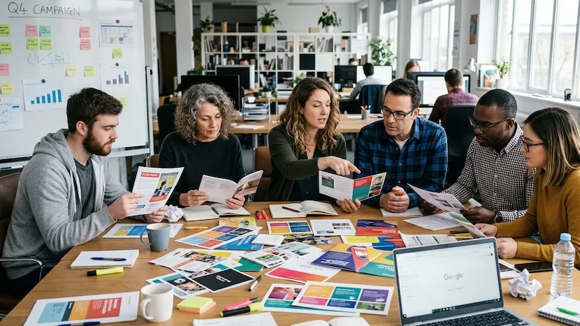 Marketing team reviewing printed collateral