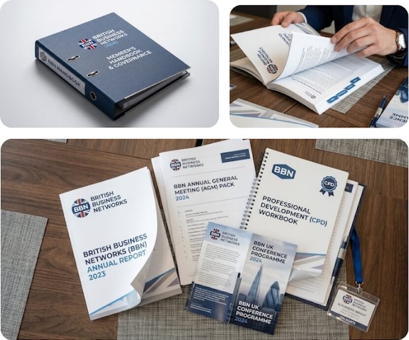 collage of printed association documents