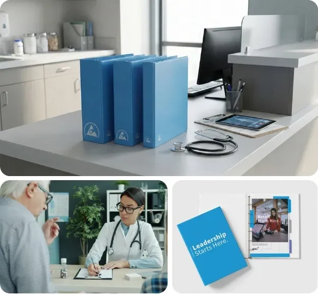 collage of ring binders in different pharmaceutical use cases