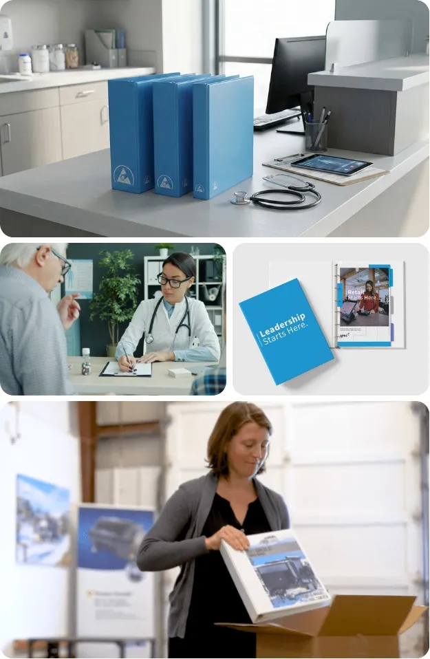collage of ring binders in different pharmaceutical use cases