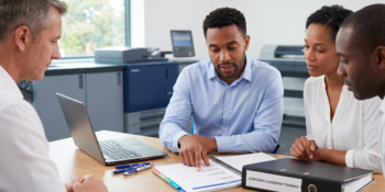 people in an office looking at Wire-bound training manual printed in the UK