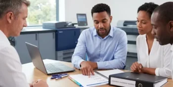people in an office looking at Wire-bound training manual printed in the UK