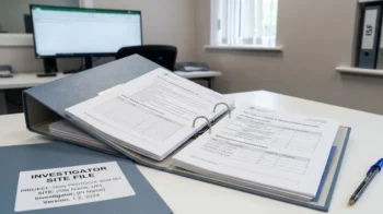 Investigator Site File binder with clinical trial documentation including informed consent forms, TMF and protocol binders in background