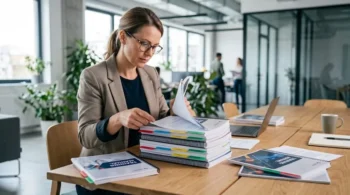 L&D manager checking a stack of outsourced wire-bound training manuals with coloured tab dividers